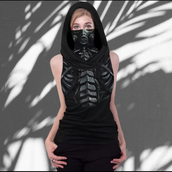 M Black goth sleeveless tank hoodie face mask top - Picture 7 of 9
